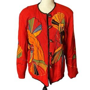 Julia Kim Red Parrot Applique Jacket Button Up‎ Colorful Art to Wear Womens